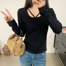 批发NQ欧洲站2025年冬季新款时尚镂空加绒修身长袖<b class='q'>T</b><b class='q'>恤</b> 百搭显瘦女上衣