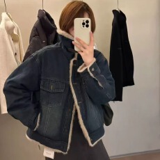 批发YM实拍2025冬季新款时尚港风复古加绒牛仔外套休闲短款夹克女上衣