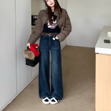 批发柏卉<b class='q'>欧洲站</b>2025冬季新款时尚密密绒<b class='q'>牛仔裤</b>女阔腿裤拖地裤显瘦显高