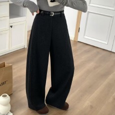 批发yimi欧洲站2025年冬季新款时尚斜纹羊绒弯刀阔腿裤女宽松显瘦显高