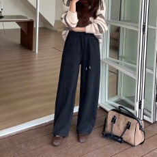 批发烟蒂欧洲站2025年冬季新款时尚羊绒加绒直筒阔腿裤<b class='q'>女</b>宽松显瘦显高