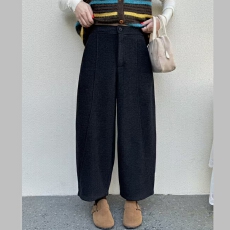 批发JJLP2025冬季新款时尚小个加绒呢料九分阔腿奶奶裤女宽松显瘦显高