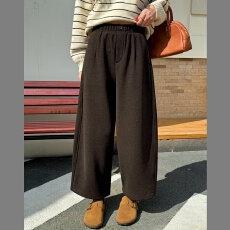 批发JJLP2025冬季新款时尚小个加绒呢料九分阔腿奶奶裤女宽松显瘦显高