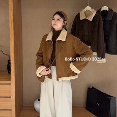 批发bobo冬季新款时尚港风复古皮毛一体鹿皮绒外套休闲<b class='q'>短</b>款夹克女上衣