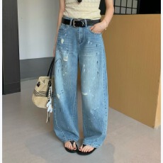 批发BH番茄春夏新款时尚创意涂鸦泼漆破洞<b class='q'>牛仔裤</b>女<b class='q'>休闲</b>弯刀裤显瘦显高