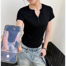 批发SANKE夏季<b class='q'>新款</b>时尚品质雪花棉国风纽扣修身短款短袖T恤显瘦<b class='q'>女</b>上衣