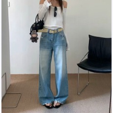 批发XPG春夏季新款时尚美式复古磨破<b class='q'>牛仔裤</b>女 休闲直筒阔腿裤显瘦显高