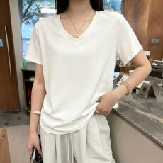 SANKE韩版夏季新款时尚平纹棉宽松大版V领短袖T恤 显瘦百搭女上衣