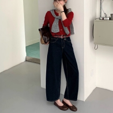 批发柏卉秋季新款时尚牛仔裤女高腰小个子友好九分气球裤百搭显瘦显高