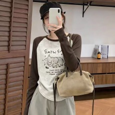 批发欧洲站2026秋季新款时尚洋气简约拼色 抽绳辣妹长袖<b class='q'>T</b><b class='q'>恤</b>显瘦女上衣