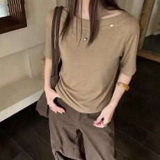 批发NQ秋季新款时尚潮港风创意一字肩五分短<b class='q'>袖</b>T恤 气质百搭显瘦女<b class='q'>上衣</b>