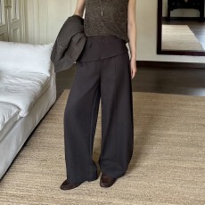 批发天籁村秋季韩版新款时尚百搭设计感翻折腰头阔腿裤女宽松显瘦显高