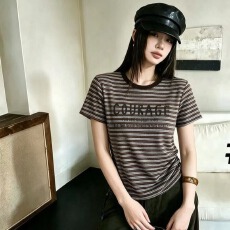 批发欧洲站2026秋季新款时尚绿色条纹弹力圆领短袖<b class='q'>T</b><b class='q'>恤</b>显瘦百搭 女上衣