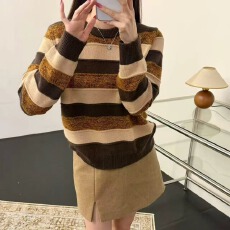 欧洲站秋冬时尚复古圆领长袖条纹宽松毛针织衫女上衣显瘦气质通勤