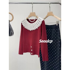 批发手工<b class='q'>蕾丝</b>钩花娃娃领收腰显瘦下摆开叉设计毛衣打底长袖小衫女