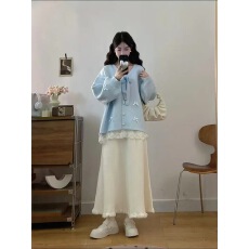 批发大码秋装新款蝴蝶结蕾丝拼接针织开衫毛衣外套+半身裙两件套