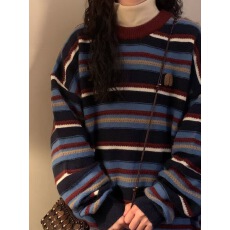 批发秋冬<b class='q'>新款</b>美式复古撞色拼接学院风条纹圆领宽松休闲针织衫<b class='q'>毛衣</b>百搭