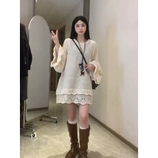 批发花边灯笼袖套头<b class='q'>毛衣</b>女2025秋季新款中长款休闲宽松显瘦针织衫上衣