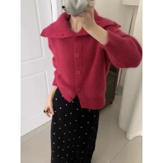 复古系扣立领针织开衫女秋冬韩系慵懒风高级气质软糯毛衣外套