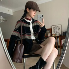 批发美式复古仿貂毛条纹学院风针织开衫<b class='q'>男</b>女秋冬保暖<b class='q'>休闲</b>宽松圆领毛衣