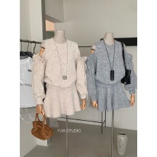 批发Y.JIA伊嘉2025新款韩版设计感露肩抽褶系带毛衣a字毛绒半裙套装女