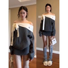 批发法式灰色一字肩针织<b class='q'>连衣裙</b>子女秋冬季2025新款巨好看气质包臀短裙