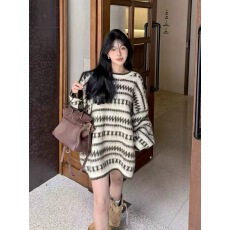 批发撞色条纹毛衣女秋季软糯慵懒松弛感复古宽松拉毛<b class='q'>针织衫</b>中<b class='q'>长款</b>上衣