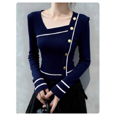 批发时尚复古优雅藏蓝色长袖针织衫女秋季新款<b class='q'>修身</b>百搭显瘦高级感小衫