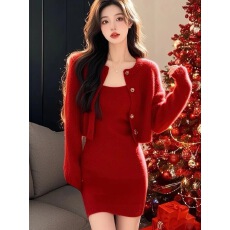 批发韩国加厚仿貂绒针织毛衣小香风千金套装两件套圣诞新年红色<b class='q'>连衣裙</b>
