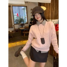 批发粉色圆领套头宽松针织厚毛衣秋冬女新款慵懒<b class='q'>高级</b>感外穿上衣