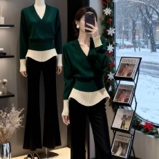 批发巨好看的深秋冬装复古穿搭一整套圣诞针织毛衣<b class='q'>牛仔</b>裤两件<b class='q'>套装</b>女