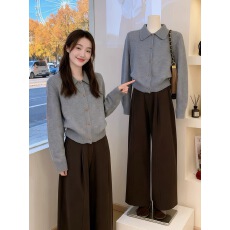 批发<b class='q'>高级</b>感灰色翻领针织开衫女秋冬单排扣百搭休闲气质不撞款毛衣外套