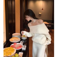 批发陈大钰纯欲一字肩毛衣套<b class='q'>装</b><b class='q'>女</b>秋冬宽松慵懒风休闲针织阔腿裤<b class='q'>两件</b>套