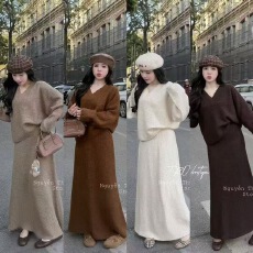 批发韩国日系<b class='q'>高级</b>感法式优雅V领软糯针织毛衣+半身中长裙套装