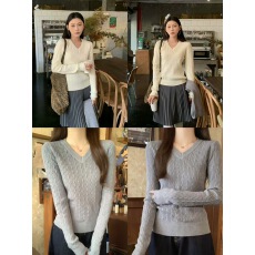 批发v领麻花灰色长袖针织衫女秋季修身内搭毛衣韩系chic显瘦打底上衣