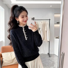 甜美蕾丝花边纽扣立领针织衫女秋冬保暖显瘦时尚亮片毛衣内搭
