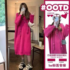 批发秋季新款高级感复古时尚连帽休闲宽松显瘦H型针织<b class='q'>卫衣</b>裙