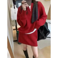 批发跨年穿搭一整套装针织红色毛衣<b class='q'>连衣裙</b>子女秋冬季新年战袍过年衣服