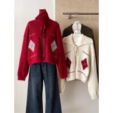 批发韩国复古菱格纹翻领毛衣系绳外套女秋冬新款<b class='q'>宽松</b>百搭针织开衫上衣