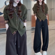 批发2025秋季韩版圆领排扣格子翻边撞色长袖麻花纹羊毛针织开衫