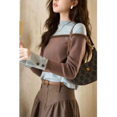 批发半高领拼接撞色打底针织衫女2025秋冬新款超好看内搭毛衣中领上衣