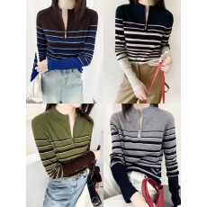 批发秋冬新款套头打底衫半高圆领羊毛针织衫显瘦百搭修身长袖条纹上衣