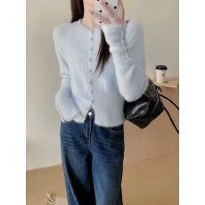 批发软糯仿貂毛开衫<b class='q'>毛衣</b>女冬季复古圆领百搭<b class='q'>短款</b>针织衫上衣