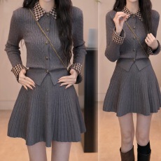 批发2025秋冬季新款法式Polo领针织上衣<b class='q'>休闲</b>半身裙洋气时髦女装两件套