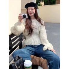 批发法式灯笼袖<b class='q'>荷叶边</b>圆领套头<b class='q'>毛衣</b>女秋冬季慵懒风收腰内搭针织衫上衣