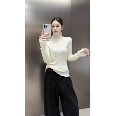 批发2025秋冬<b class='q'>针织衫</b>女套头蕾丝拼接袖口毛衣木耳边半高领打底衫