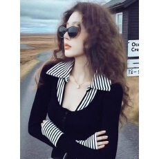 批发小香风<b class='q'>条纹</b>拼接假两件针织<b class='q'>打底衫</b>女2025新款秋冬修身内搭别致上衣