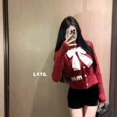 批发M系千金名媛蝴蝶结甜美麻花<b class='q'>长袖</b>针织<b class='q'>开衫</b>女小个子毛衣LXYG秋冬