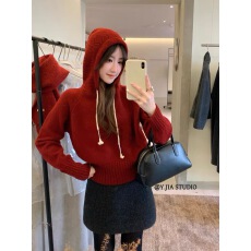 批发2026十三行秋<b class='q'>冬</b>款慵懒休闲抽绳连帽镂空花纹设计感毛衣