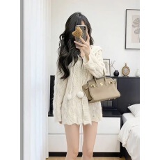 批发<b class='q'>大码</b>蕾丝系带圆领女秋新款软糯减龄<b class='q'>长袖</b>针织开衫上衣